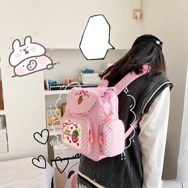 sac à dos rose brodé fraise pour enfants, cadeau d'anniversaire pour étudiant, nouvelle mode 2026, sac à dos rose kawaii dessin animé pour livres