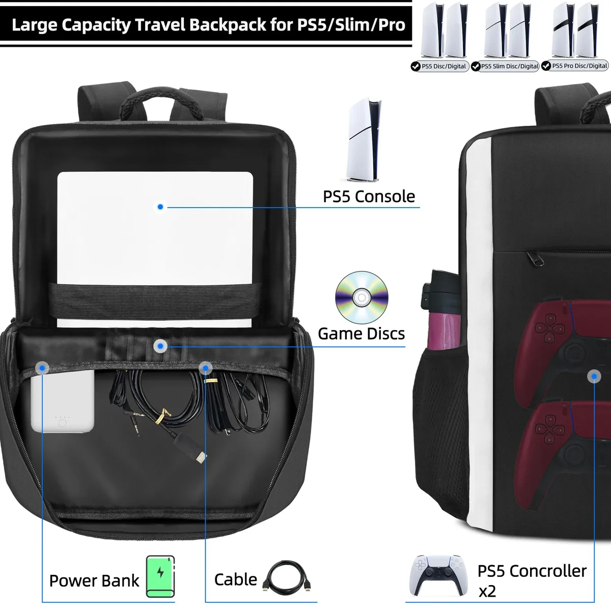 sac à dos pour console ps5, sac de transport ps5 à protection intégrale, sac de rangement ps5 grande capacité pour deux manettes