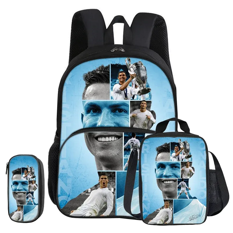 ensemble ronaldo 3 pièces avec sac à dos à poche frontale, sac isotherme pour le sport et le football, et trousse à crayons cr football star