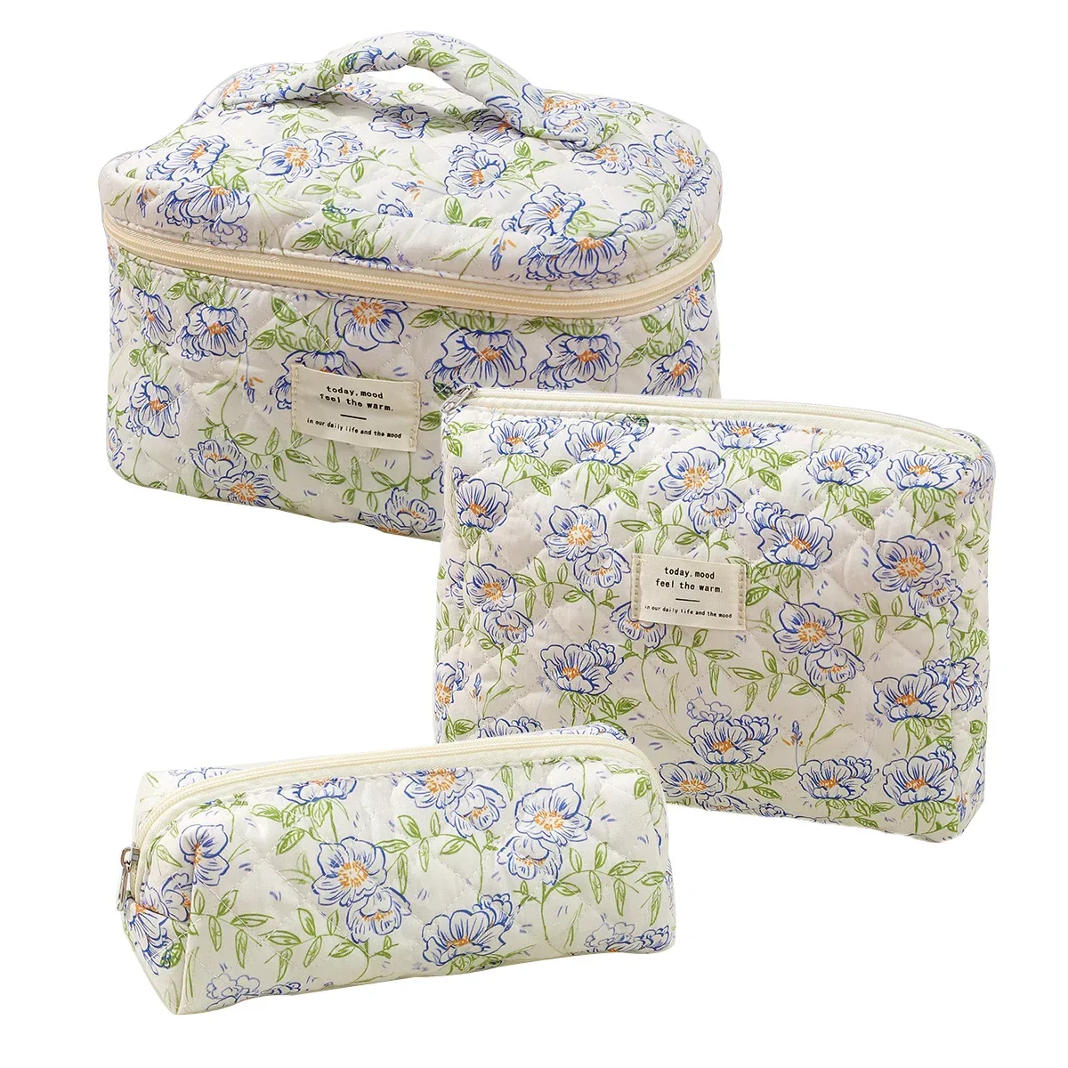 trousse de maquillage matelassurera en coton pour femme, trousse de toilette portable pour fille, sac à main à fermeture éclair pour femme, trousse cosmétique, évaluation, gril, 3 pièces