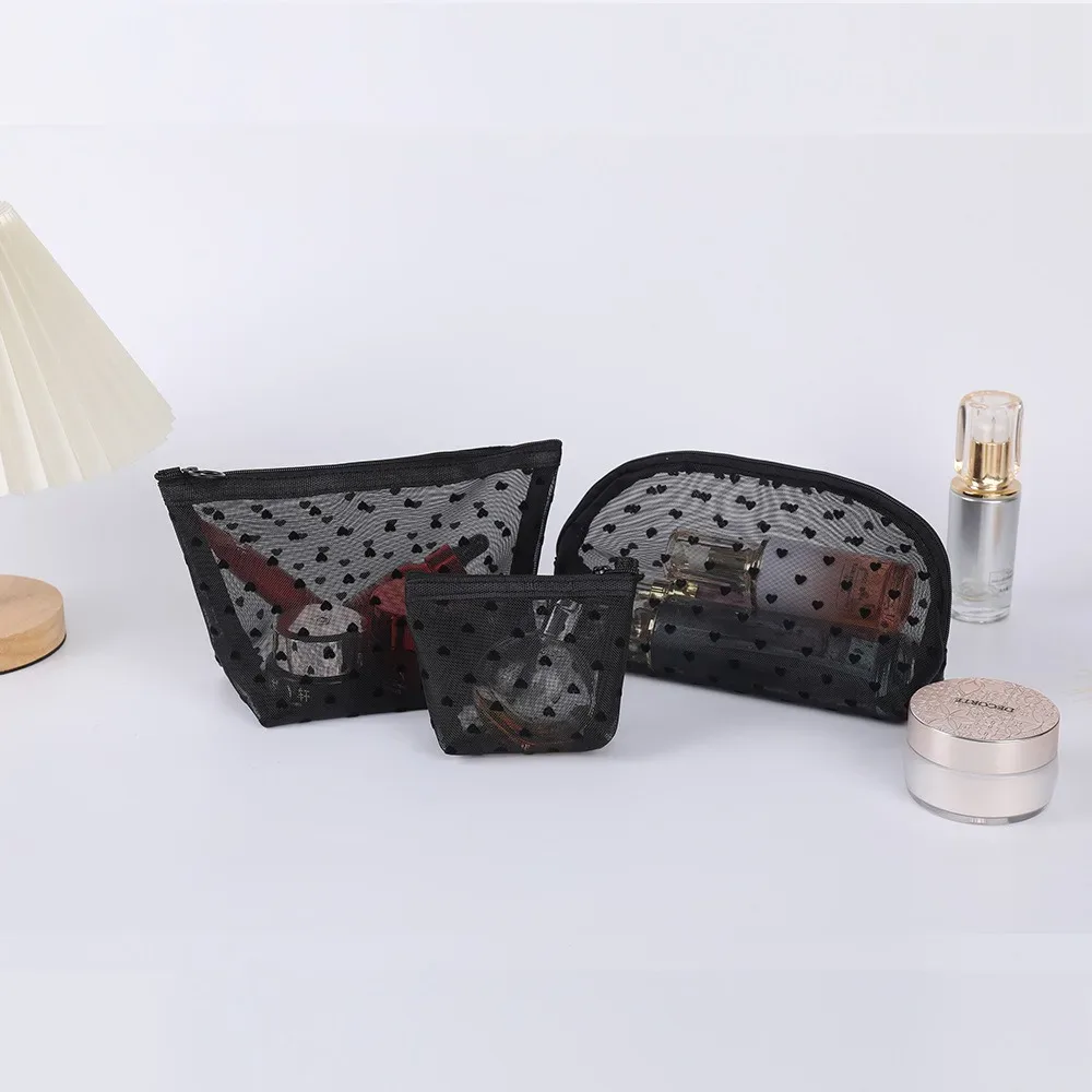 trousse de maquillage en velours de cœur noir en dentelle, sac de rangement transparent pour étudiant, trousse de toilette portable de voyage, trousse de maquillage universelle