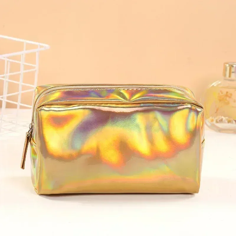 sac de maquillage laser de couleur unie, sac de rangement de lavage de voyage portable, sac de rangement de cosmétiques de toilette de grande capacité à la mode