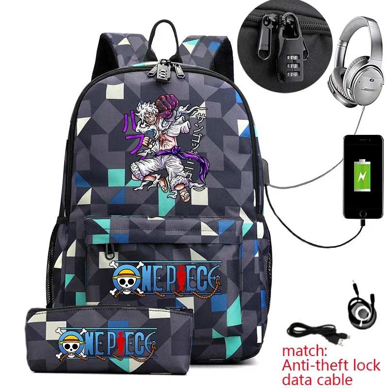 sac à dos d'étudiant imprimé one piece luffy, sac d'école décontracté antivol avec trousse à crayons pour garçons et filles