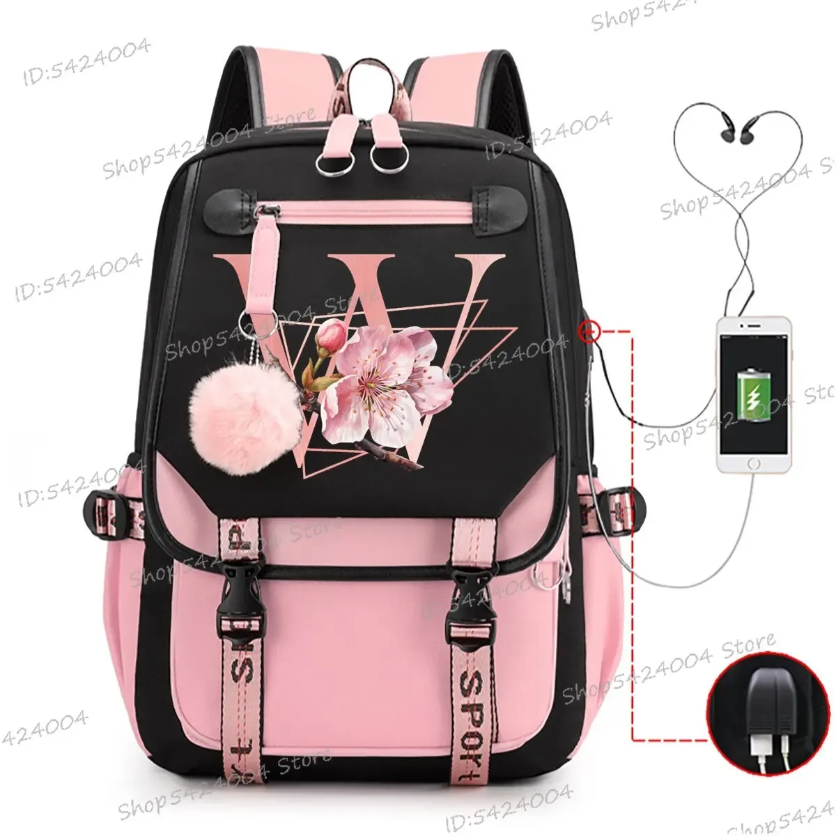 collège étudiants sacs d'école rose sakura lettres r mode voyage sac à dos adolescentes noir rose cartable a-z dessin animé cartable