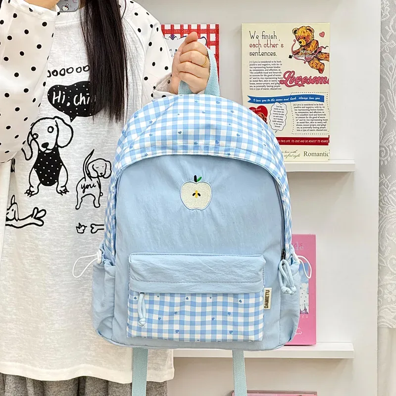 Sac à dos d'étudiant en nylon à carreaux, style coréen, motif cœur, doux, mignon, décontracté, respirant, léger, pour les trajets quotidiens