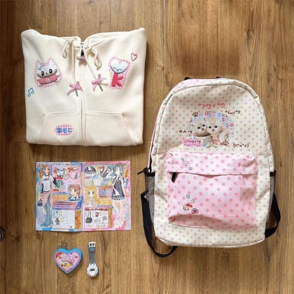 sacs à dos y2k vintage à pois contrastés, patchwork grande capacité, style preppy pour étudiants