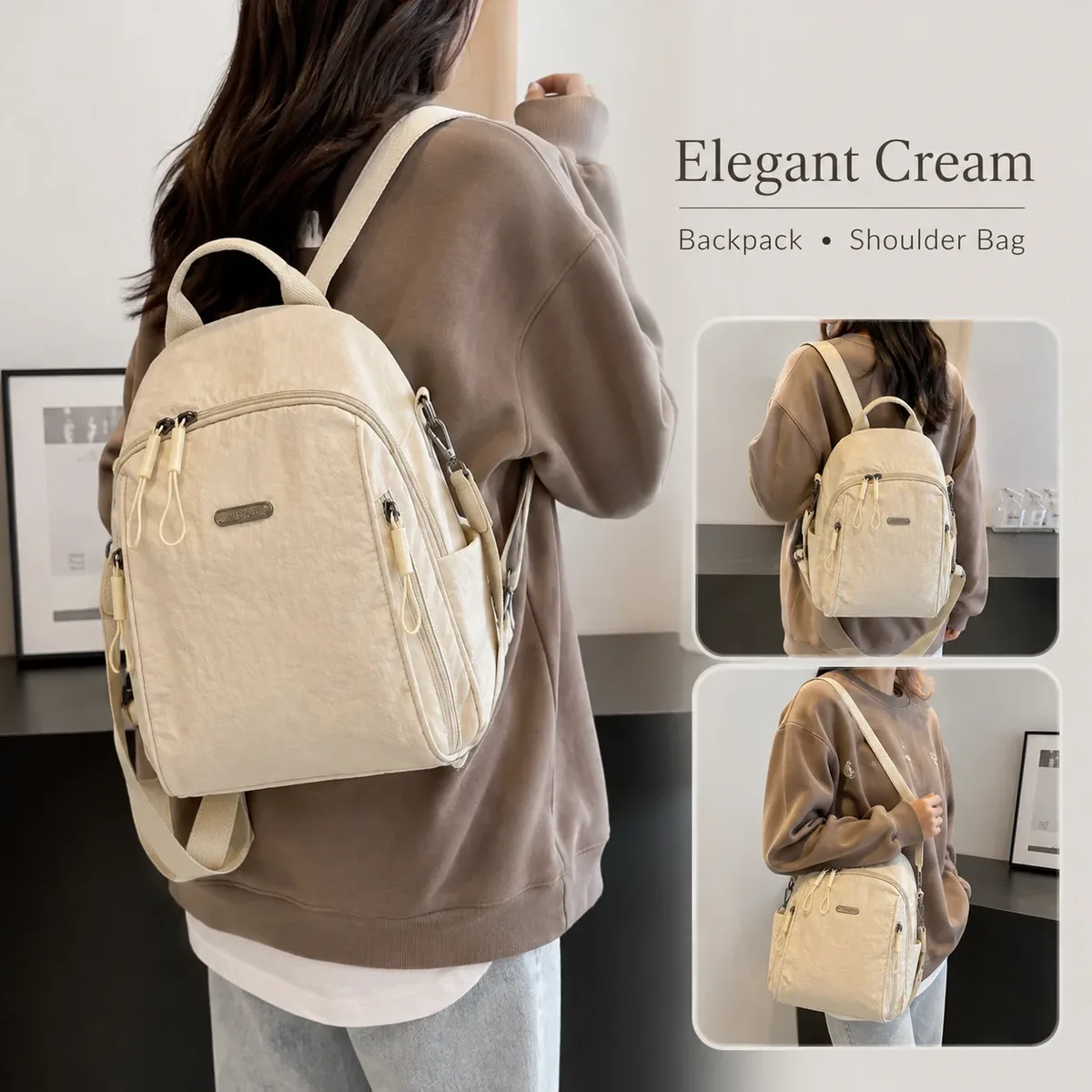 sac à dos mini léger en nylon pour femmes, sac à bandoulière convertible, multi-poches, sac de voyage décontracté pour la journée