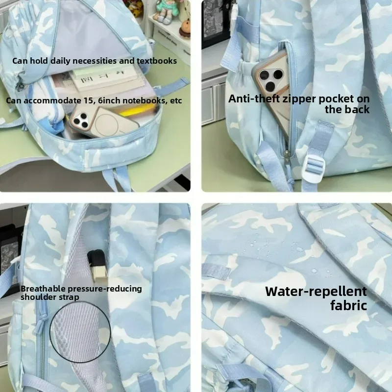 sac à dos camouflage bleu imprimé pour collégienne, style cool, sac d'école pour étudiante, sacoche pour ordinateur portable, sac à dos de voyage décontracté
