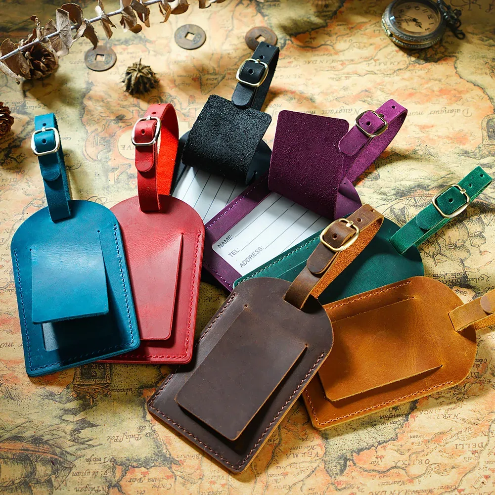 étiquette de bagage en cuir de cheval véritable elin, étiquette de valise vintage, étiquette d'embarquement de bagages, porte-adresse d'identification, étiquette de voyage