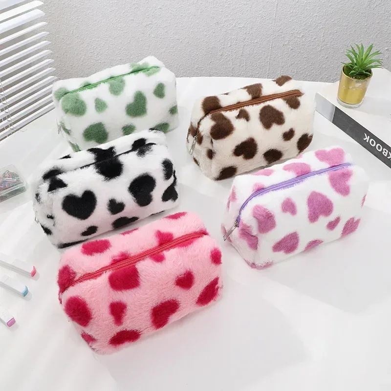 sac à cosmétiques d'amour mignon, trousse de toilette en peluche douce pour fille, rangement de voyage, pochette de rangement de maquillage, trousse à crayons pour étudiant