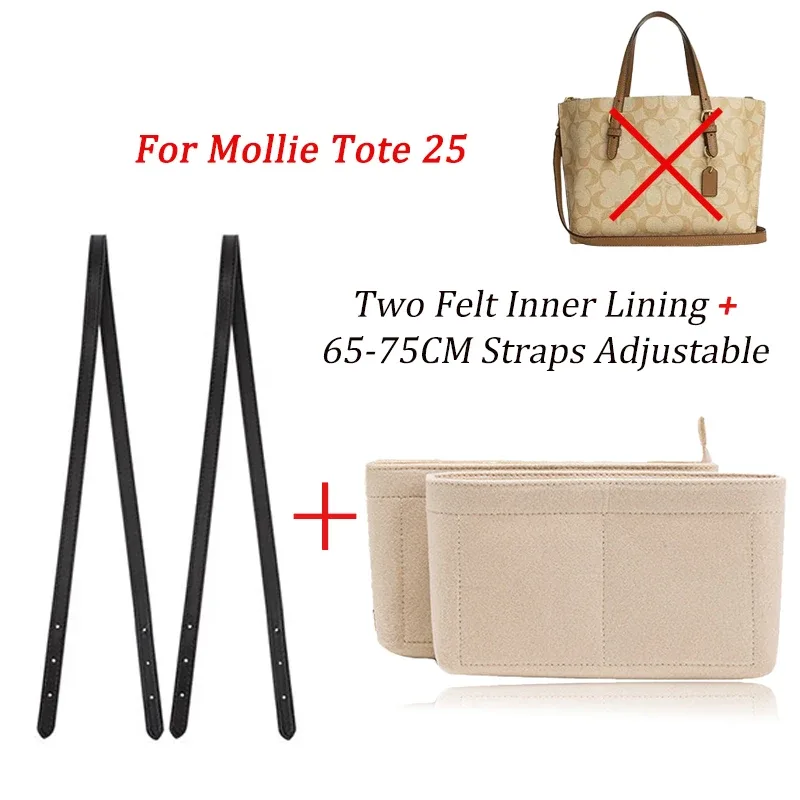 Doublure intérieure en feutre et sangle en cuir pour sac Mollie Tote 25, sangle d'épaule, insert organisateur fait main, rangement léger