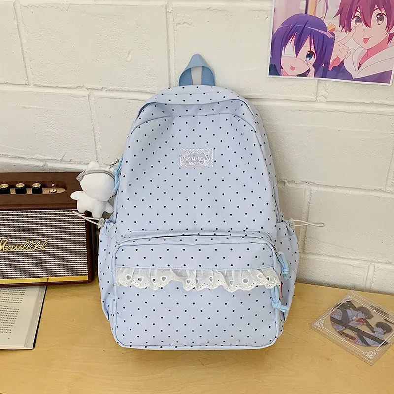 sac à dos tendance, sac d'école pour femmes à pois avec bordure en dentelle, mignon et élégant, sac à dos léger et de grande capacité pour étudiantes coréennes.