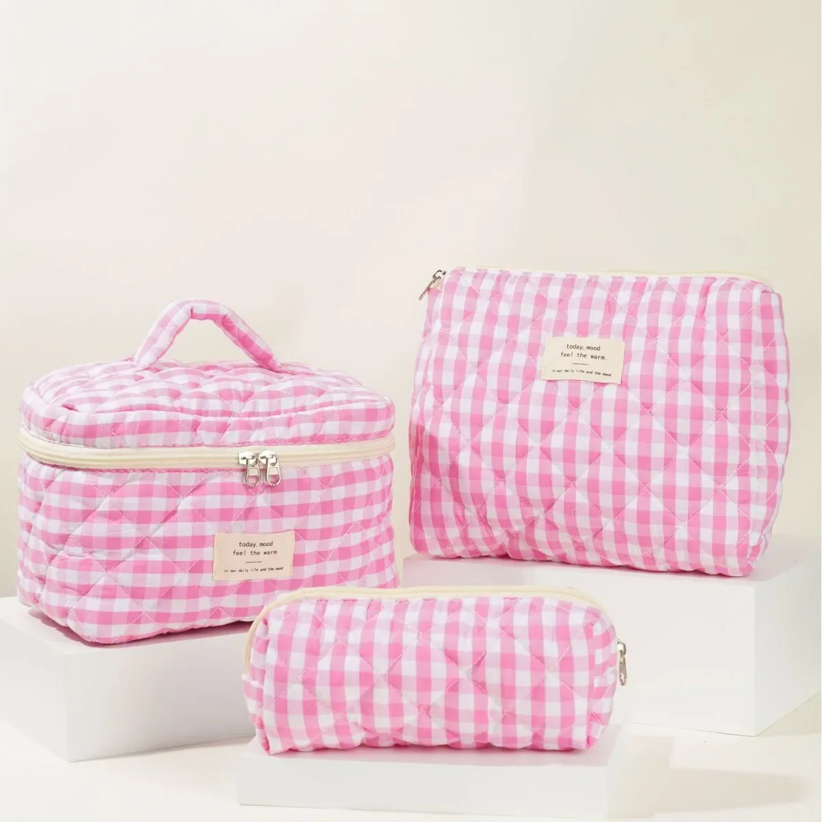 trousse de maquillage matelassurera en coton pour femme, trousse de toilette portable pour fille, sac à main à fermeture éclair pour femme, trousse cosmétique, évaluation, gril, 3 pièces