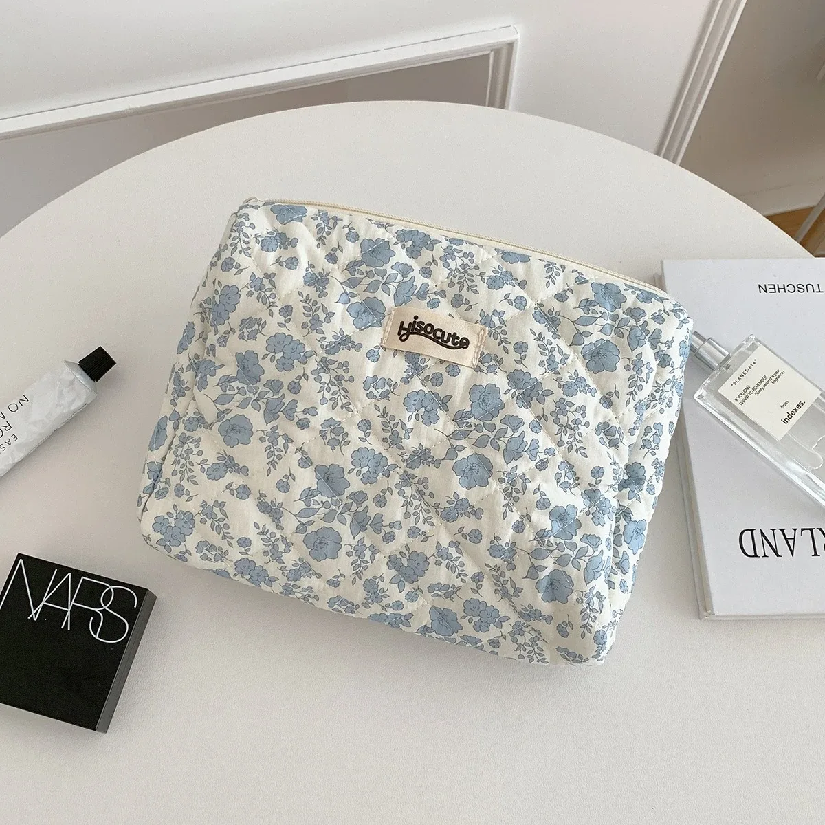 sac de rangement pour cosmétiques avec fermeture éclair, en coton matelassé, petit sac à maquillage à motifs floraux, sac de rangement portable pour femmes