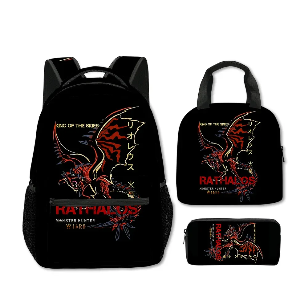 sacs d'école classiques populaires et amusants avec impression 3d de monstres sauvages, 3 pièces/ensemble, sac à dos de voyage, sac à déjeuner portable, trousse à crayons