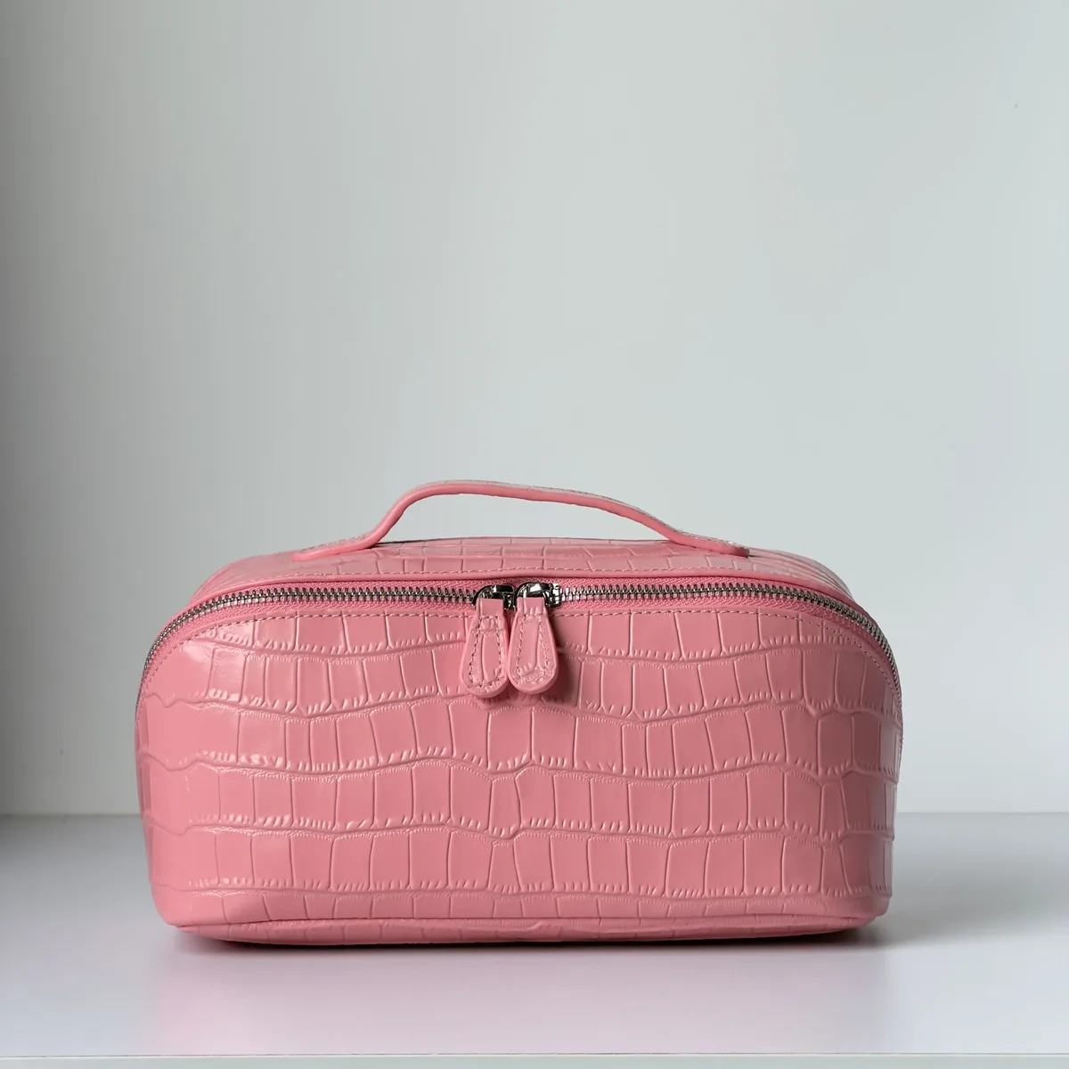 sac à cosmétiques en cuir de vachette rose à motif crocodile, sac de toilette de luxe de grande capacité, en cuir véritable, pour voyage, rangement portable, trousse de toilette