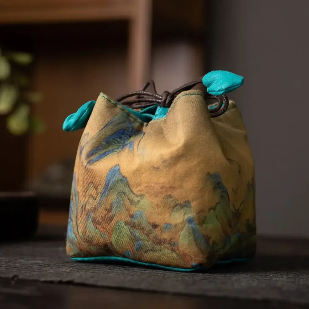 Pochette en tissu à cordon de serrage pour tasse à thé de Style chinois, sac de rangement Portable imprimé pour service à thé, multifonctionnel, résistant à la casse