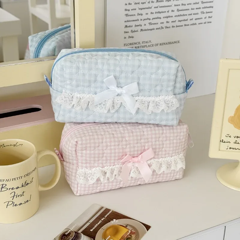 petite trousse de maquillage en dentelle à fleurs roses pour femmes, organisateur de voyage, pièces de monnaie cosmétiques, pochette pour filles, mignon nœud carré, sacs portefeuille à fermeture éclair