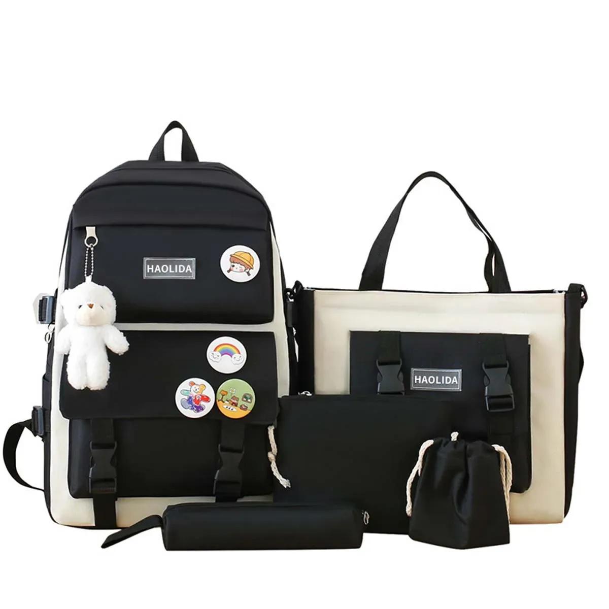cartable d'étudiant style campus frais sac à dos à la mode ensemble de cinq pièces sac à dos d'ordinateur de voyage décontracté et léger