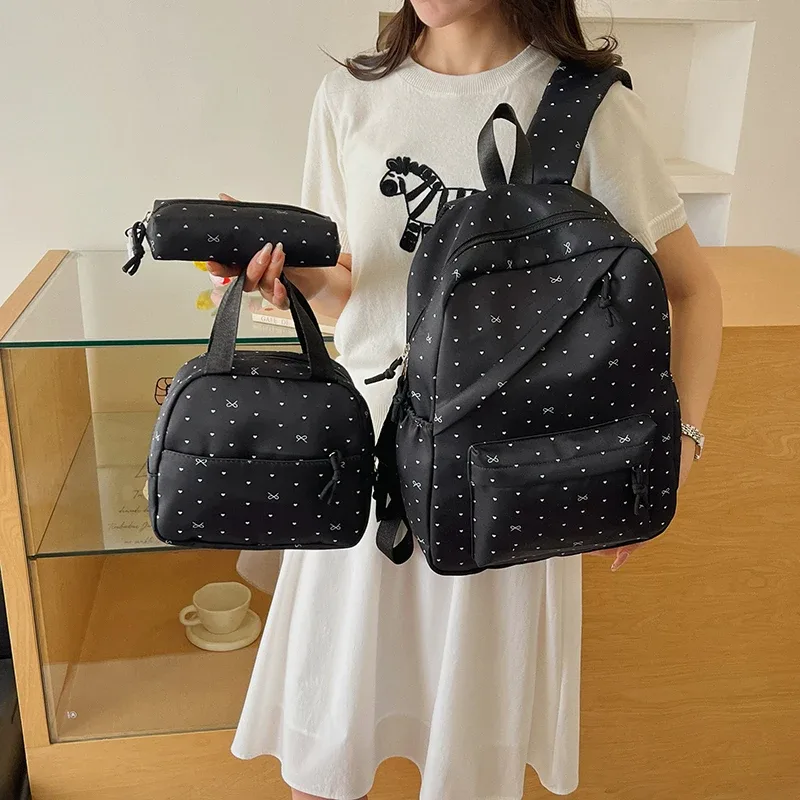 sac à dos en nylon à pois avec boîte à lunch et trousse à crayons, ensemble de sacs à livres pour étudiants, grande capacité pour adolescentes, filles et femmes, 3 pièces