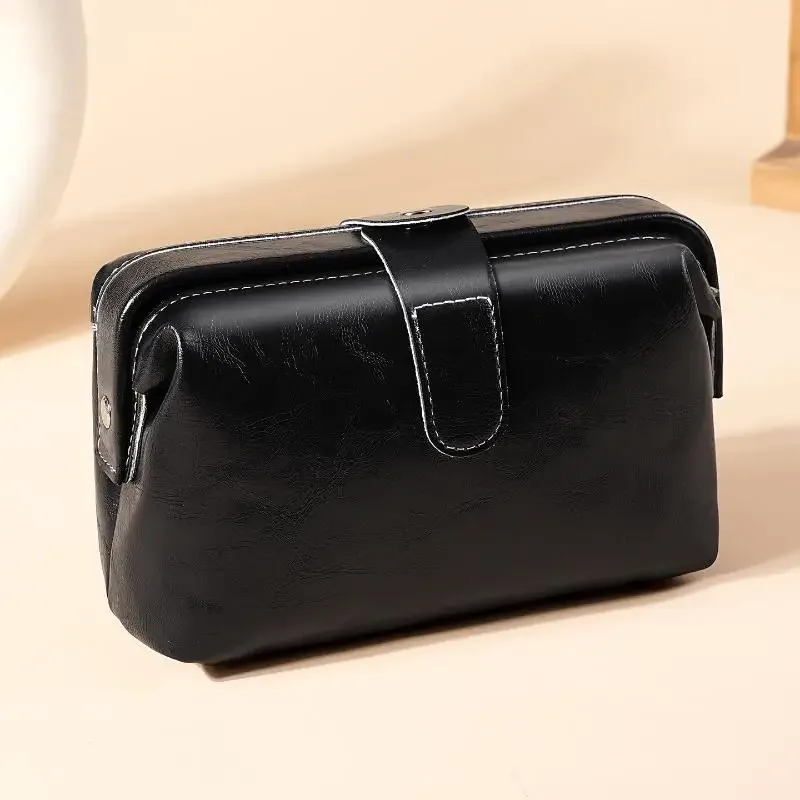 porte-monnaie à boutons de couleur unie pour filles, sac à cosmétiques en cuir pu vintage à la mode pour femmes, trousse de maquillage de grande capacité, étanche, 1 pièce