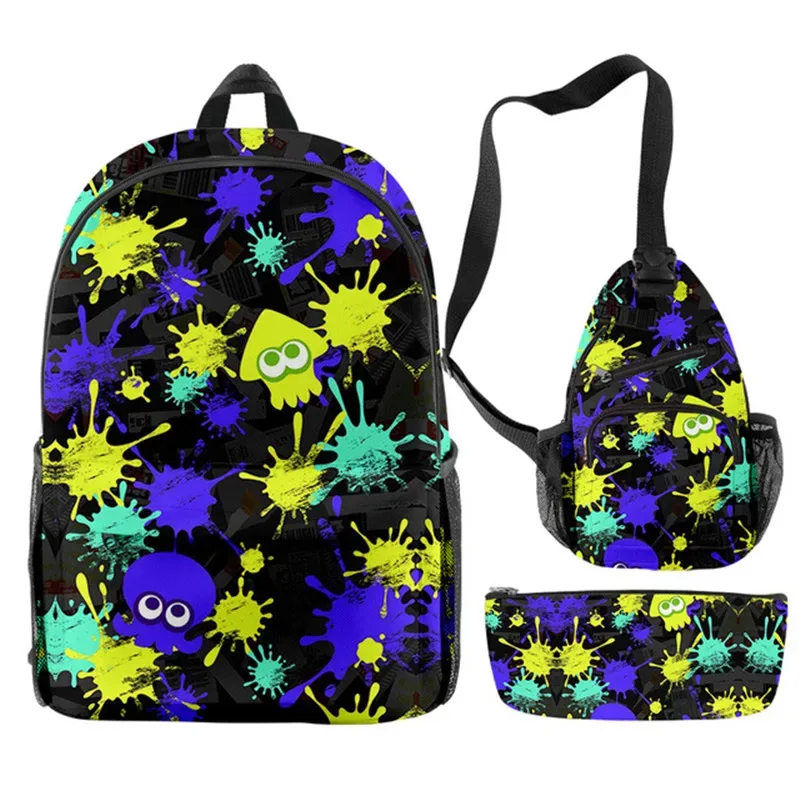 splatoon-sac à dos pour ordinateur portable, sac à bandoulière incliné, trousse à crayons, sac à dos pour 3 él