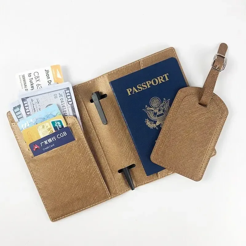 lettres personnalisées saffiano pu cuir voyage passeport couverture bagages étiquette ensemble multifonctionnel stylo billet carte de crédit porte-passeport