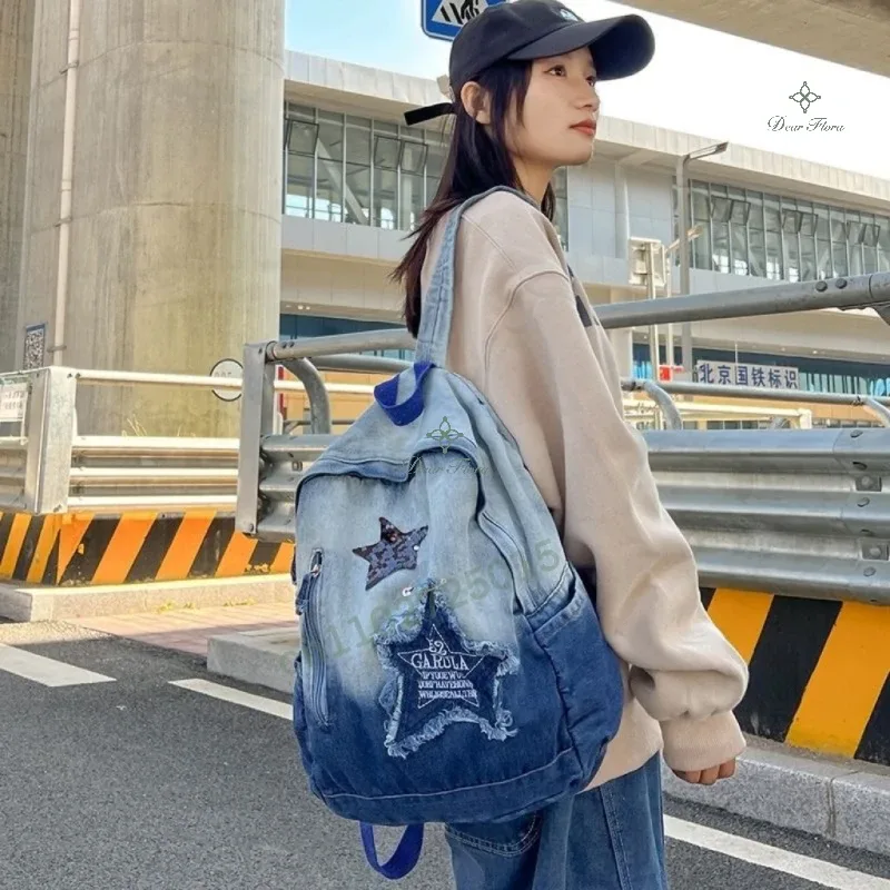 sac à dos en denim décontracté coréen pour adolescents, cartable étudiant, motif étoile, grande capacité, vintage, punk, sac de livre de voyage, mode, y2k