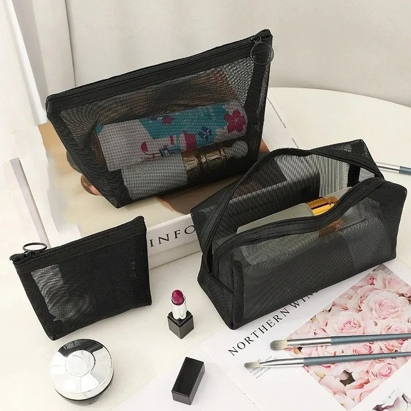 lot de 3 trousses de toilette transparentes en maille, légères et portables, pour maquillage et rangement, noires