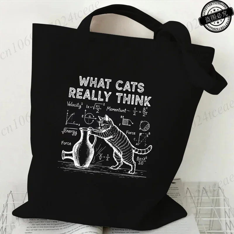 sac fourre-tout en toile imprimé chat physique amusant, sac à main réutilisable chat mathématique humour scientifique, sacs à bandoulière décontractés pour le shopping
