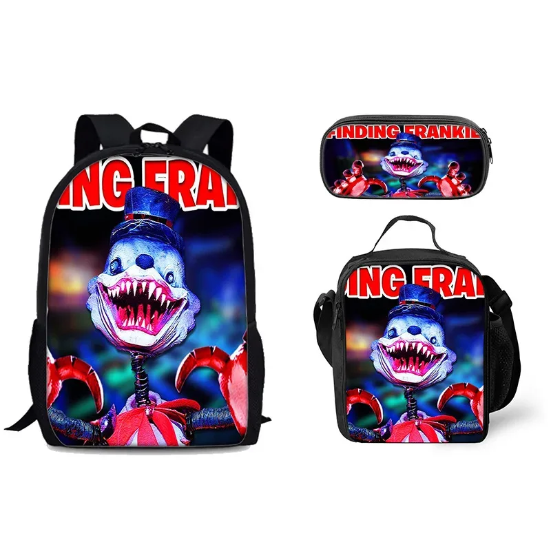 sac à dos tendance et populaire avec impression 3d frankie, ensemble de 3 pièces pour étudiants : sac à dos pour ordinateur portable, sac à déjeuner et trousse.