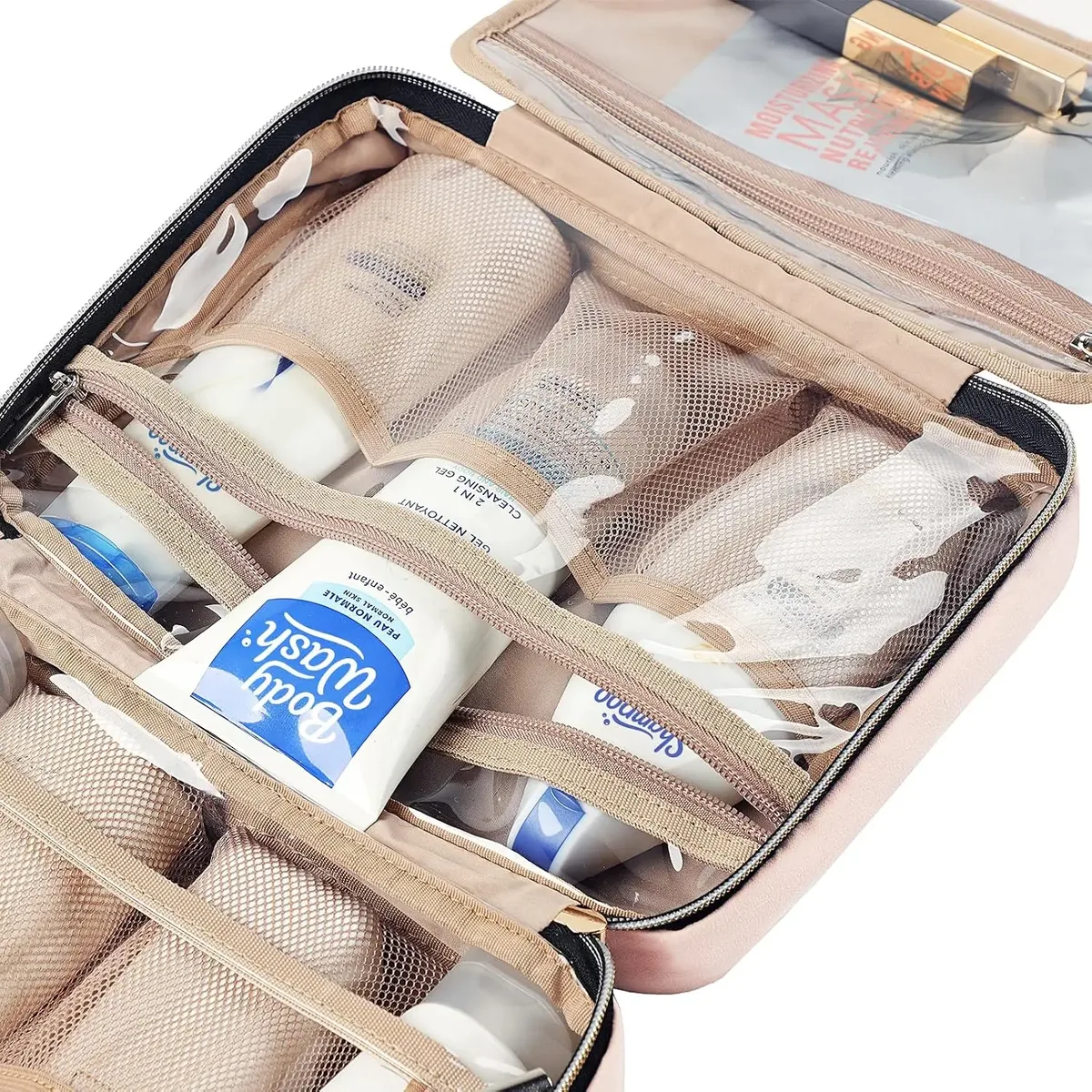 trousse de toilette de voyage pour femmes, rose, organisateur de maquillage portable à suspendre, ensemble de brosses à shampooing de taille voyage, accessoires de maquillage