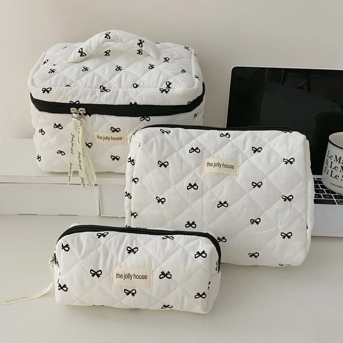 mode cerise fourre-tout femmes sac de maquillage portable mignon dames cosmétique toilette pochette de rangement sac à main coton matelassé sac à fermeture éclair