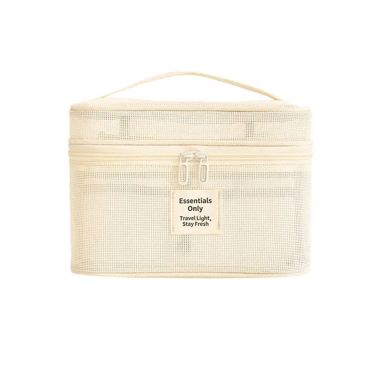 sac de voyage cosmétique et de maquillage tendance avec fermeture éclair, motif lettres en maille, durable, grande capacité, portable, respirant et à compartiments