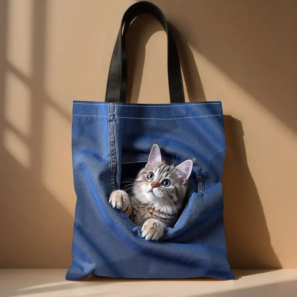 sac de rangement avec motif de chat qui fait la curieuse dans une poche de jean, sac à main mignon avec motif d'animal, sacs fourre-tout adaptés pour le shopping et les voyages, sac à bandoulière