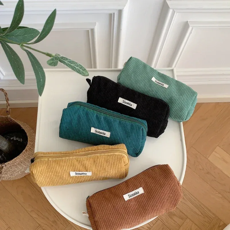 sac à cosmétiques en velours côtelé coréen, petite pochette de maquillage, trousse de toilette de voyage portable pour femmes, nécessaire de rangement, étui à crayons mignon pour étudiant