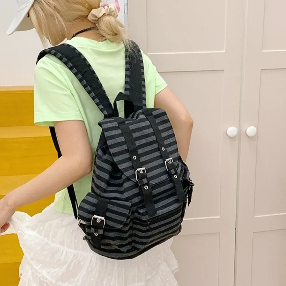 sac à dos rétro à rayures de grande capacité, style coréen y2k, sac d'école pour étudiants, sac multi-poches en nylon pour la randonnée et le camping, sac pour l'université