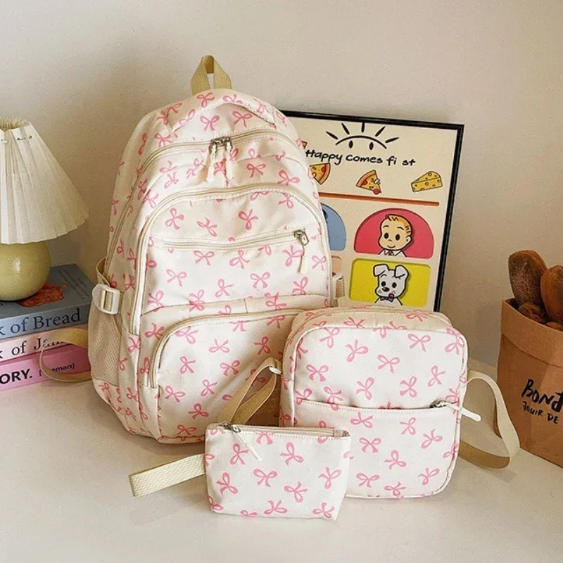 sac à dos tendance coréen pour femmes, imprimé nœud, léger, simple, pour étudiants, sac d'école, sangle réglable, sac à dos de voyage, 3 pièces/ensemble