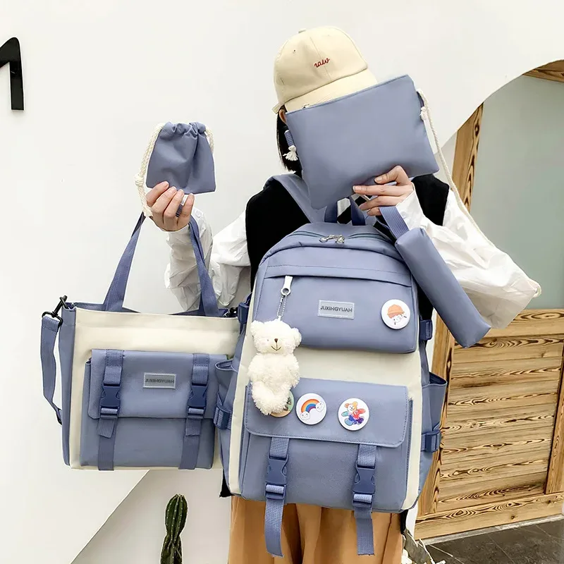 sac à dos d'école multifonction pour fille, ensemble combiné de 5 pièces, mode coréenne mochila kawaii, grande capacité, violet, rose, 2024