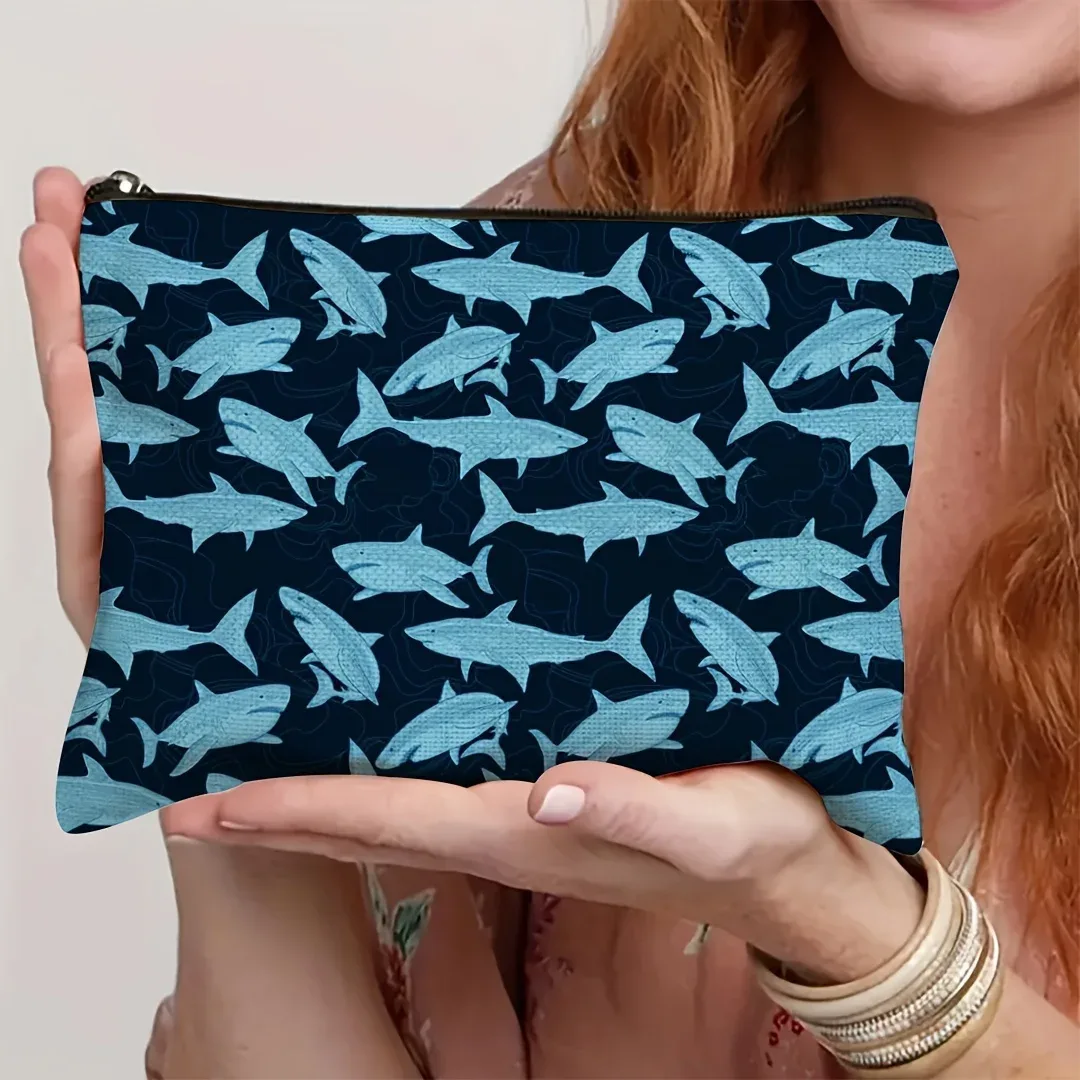 sac de maquillage sur le thème des requins inspiré de l'océan - pochette multifonctionnelle à fermeture éclair pour femmes, sac de rangement pour bijoux