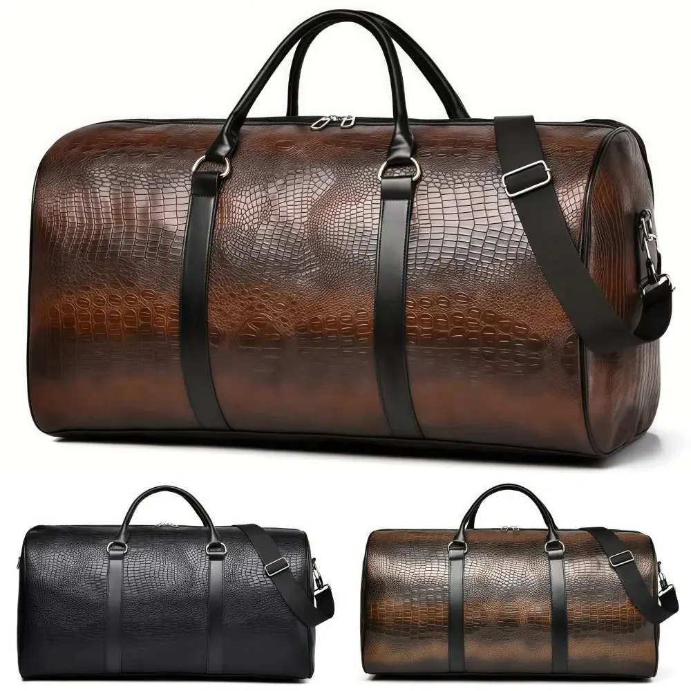 sac de voyage en cuir pu texturé crocodile, bagage de vacances rétro, grande capacité, sac à main durable pour voyage d'affaires, pour hommes et femmes