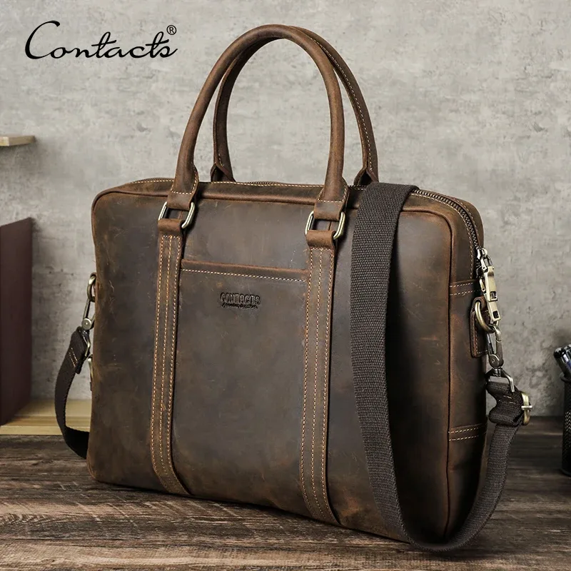 contact's-sacs d'affaires en cuir véritable pour hommes, étui à bombes vintage lancé, sac fourre-tout pour ordinateur portable pour macbook air 13.3"