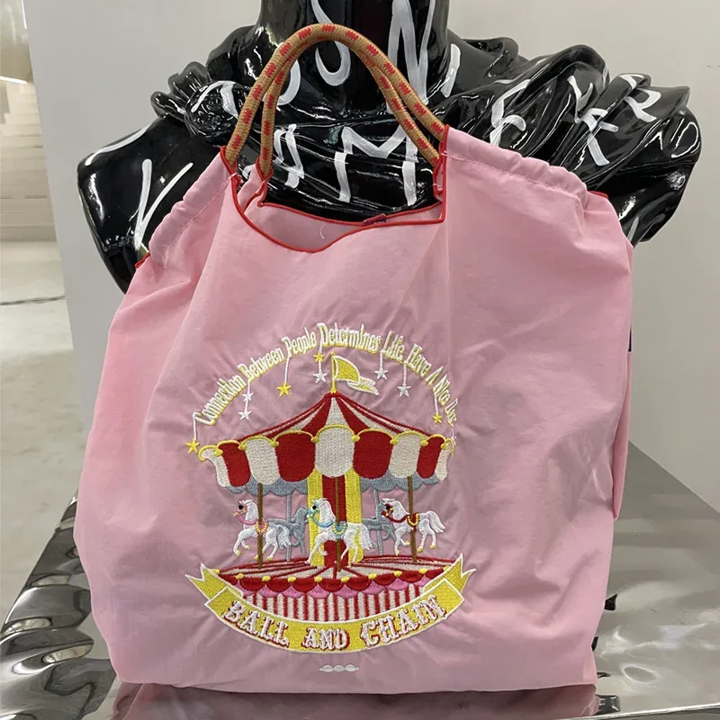 sac de shopping brodé pour femmes, avec chaîne à billes, grande capacité, en nylon écologique, sac à main, sac à bandoulière, sac porté en travers du corps.