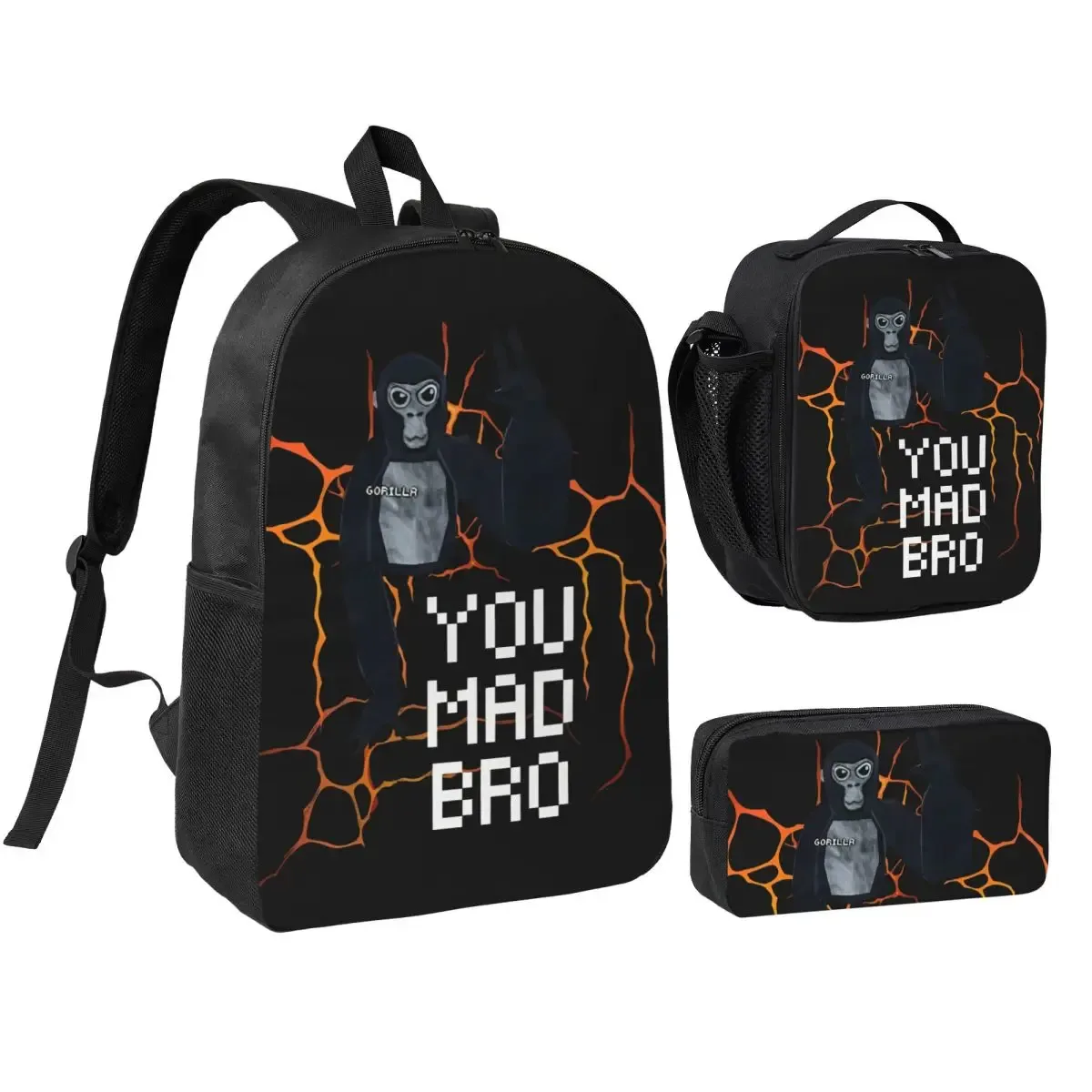 3pecs/ensemble gorilla tag vr gamer singe mosaïque sac à dos pour garçons filles retour à l'école jeux chauds sac à dos sac à déjeuner trousse à crayons