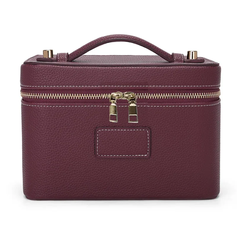 trousse de maquillage en cuir pu lychee grande capacité avec séparateurs, double fermeture éclair, sac de voyage portable pour cosmétiques et articles de toilette