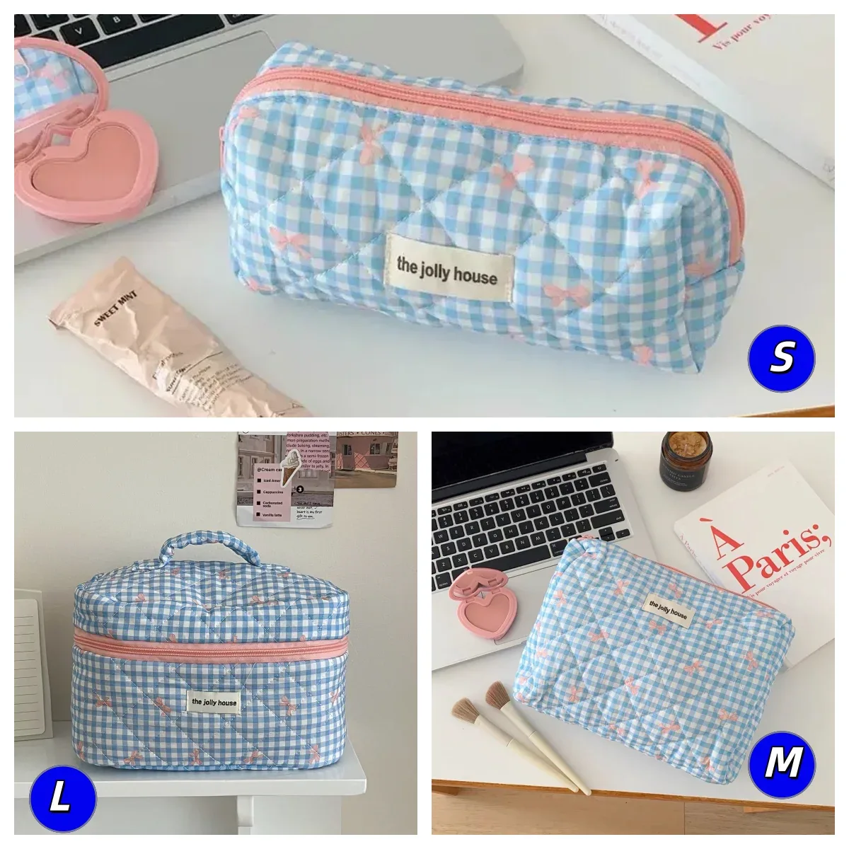 sac de rangement matelassé grande capacité yt pour étudiants, sac à main souple portable, trousse de toilette, trousse à cosmétiques à carreaux avec nœud