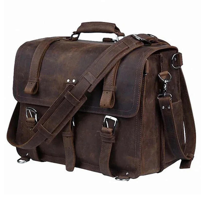 porte-documents en cuir véritable crazy horse vintage pour homme, sac d'affaires, grand porte-documents en cuir, sac à bandoulière pour ordinateur portable 15,6 pouces, sac de bureau