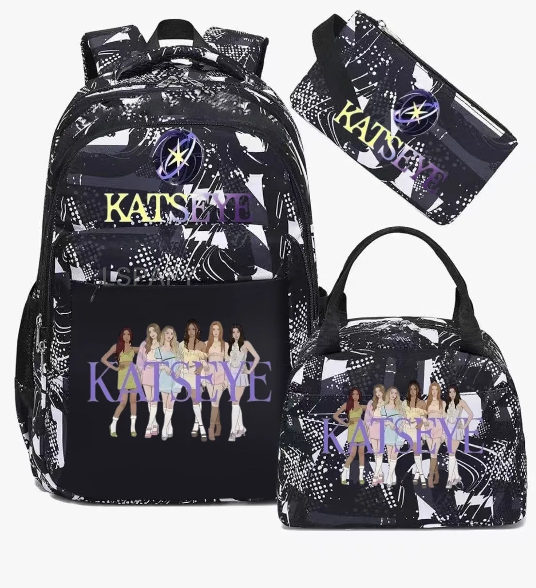 sacs d'école imprimés fashion katseye, ensemble de 3 pièces, sac à dos pour l'école primaire, garçons et filles, sac à dos de sport avec sac à lunch et trousse à crayons
