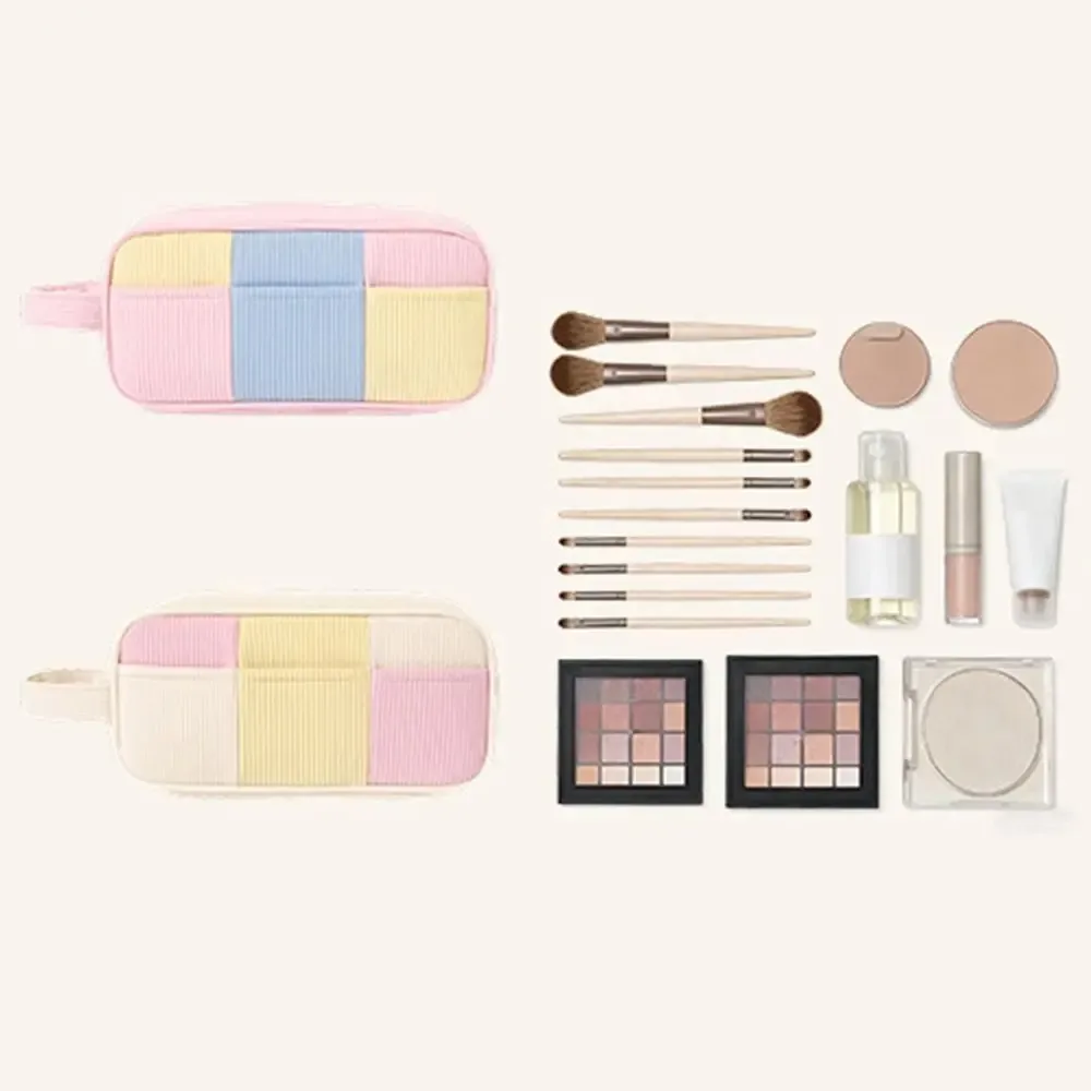trousse de maquillage femme grande capacité motif rayé couleur macaron sac cosmétique portable à main étui de rangement maquillage