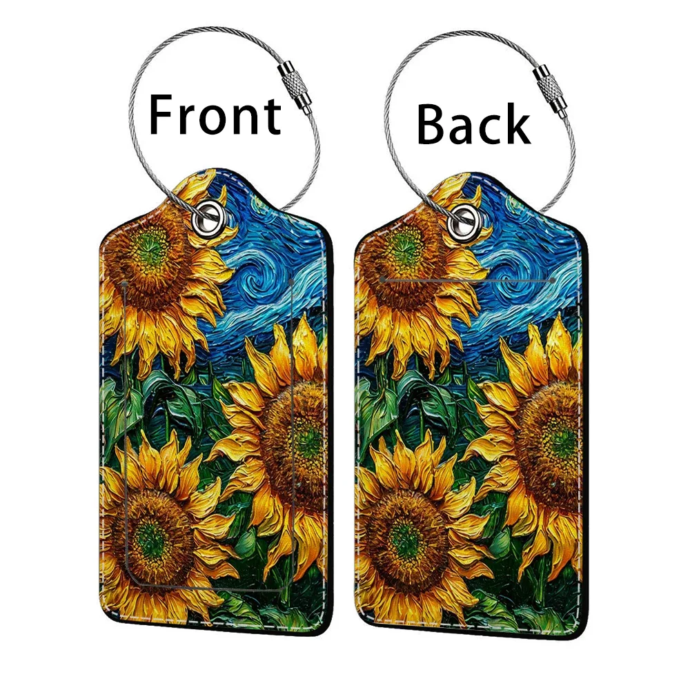 étiquette de bagage d'affaires en cuir estampillé tournesol, étiquette d'adresse de valise, étui d'embarquement de bagages, clip d'adresse d'identification de nom